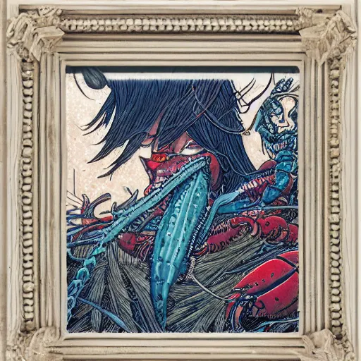 Image similar to lobster skater, inside a frame on a tiled wall, frontal picture, by yoichi hatakenaka, masamune shirow, josan gonzales and dan mumford, ayami kojima, takato yamamoto,