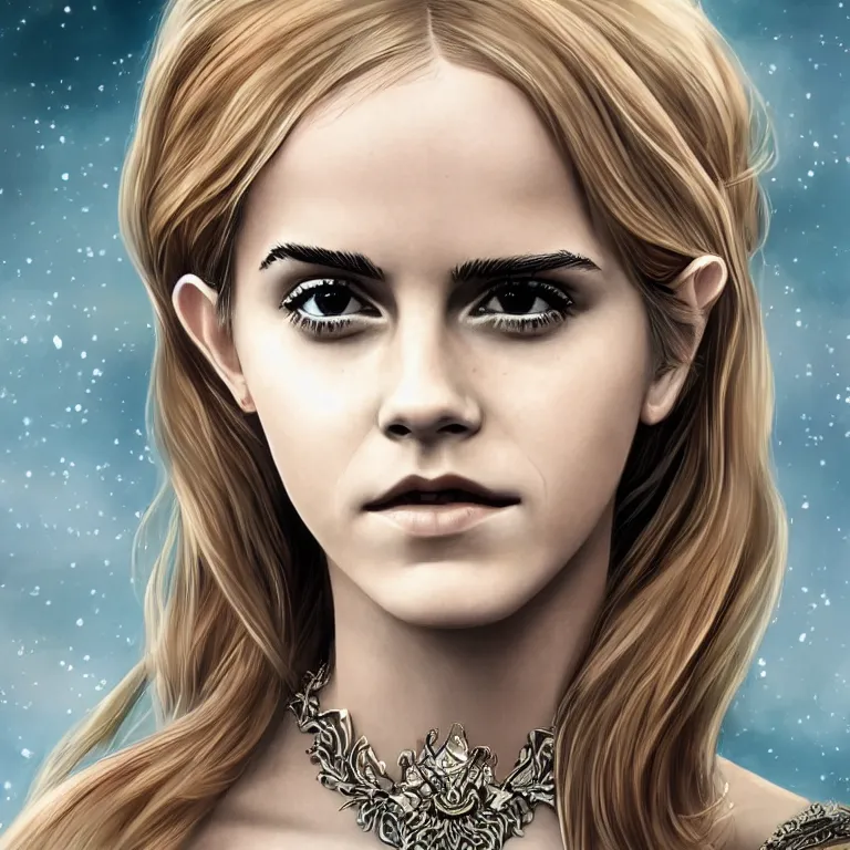 Prompt: emma watson a fantasy portrait of a beautiful noble elf princess with blonde hair and regal jewellry by bowater, symetrical, elegant, 4 k, charlie