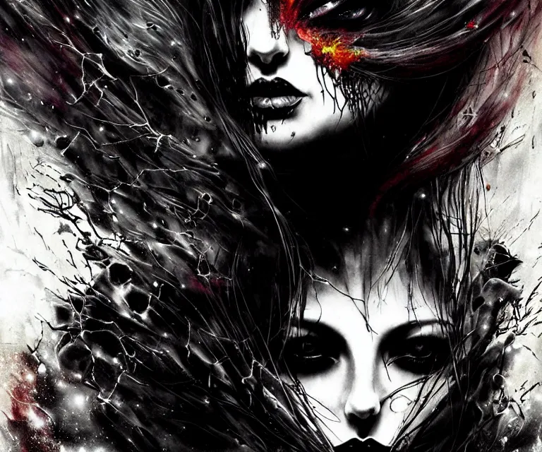 Image similar to stunning otherworldly gothic goddess of freewill, dark and mysterious, atmospheric, ominous, eerie, cinematic, epic, 8 k, ultra detail, ultra realistic, rendered by awesomeness. | nights falling wind is blowwing snow is pilling concept art in style of carne griffiths artwork by xsullo. | backround by elson, peter kemp, peter