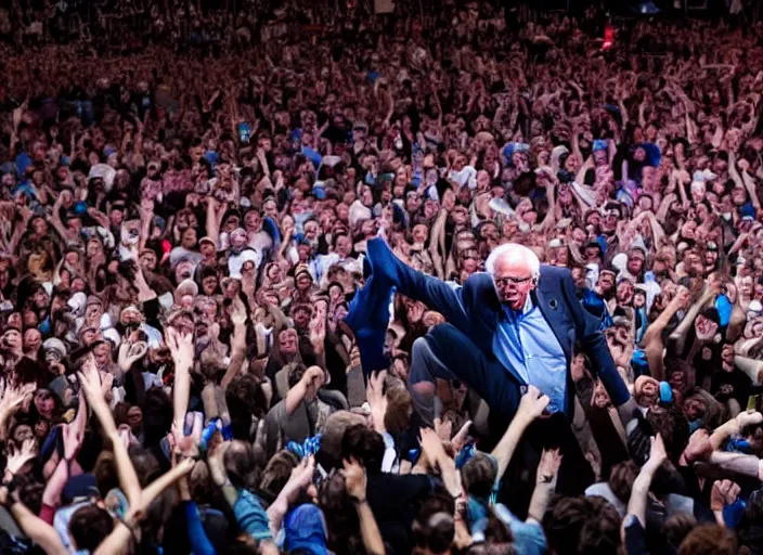 Image similar to publicity photo still of bernie sanders crowd surfing live on stage, 8 k, live concert lighting, mid shot