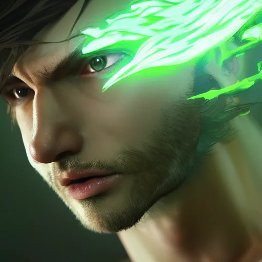 Image similar to insanely detailed. by wlop, ilya kuvshinov, krenz cushart, greg rutkowski, pixiv. zbrush sculpt, octane, maya, houdini, vfx. close - up gorgeous attractive cg anime male character with long hair, parted in the middle, with brilliant green glowing eyes. cinematic dramatic atmosphere, sharp focus, volumetric lighting.