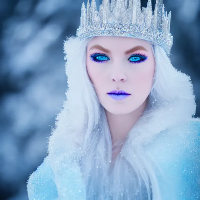 Prompt: professional photograph of a real - life ice queen with ornate robes. extremely detailed. dslr. 8 0 0 mm. 8 k