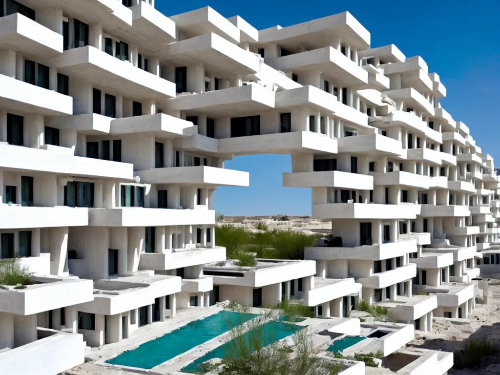 Image similar to habitat 6 7, white lego terraced architecture hotel in the dessert, many plants and infinite pool