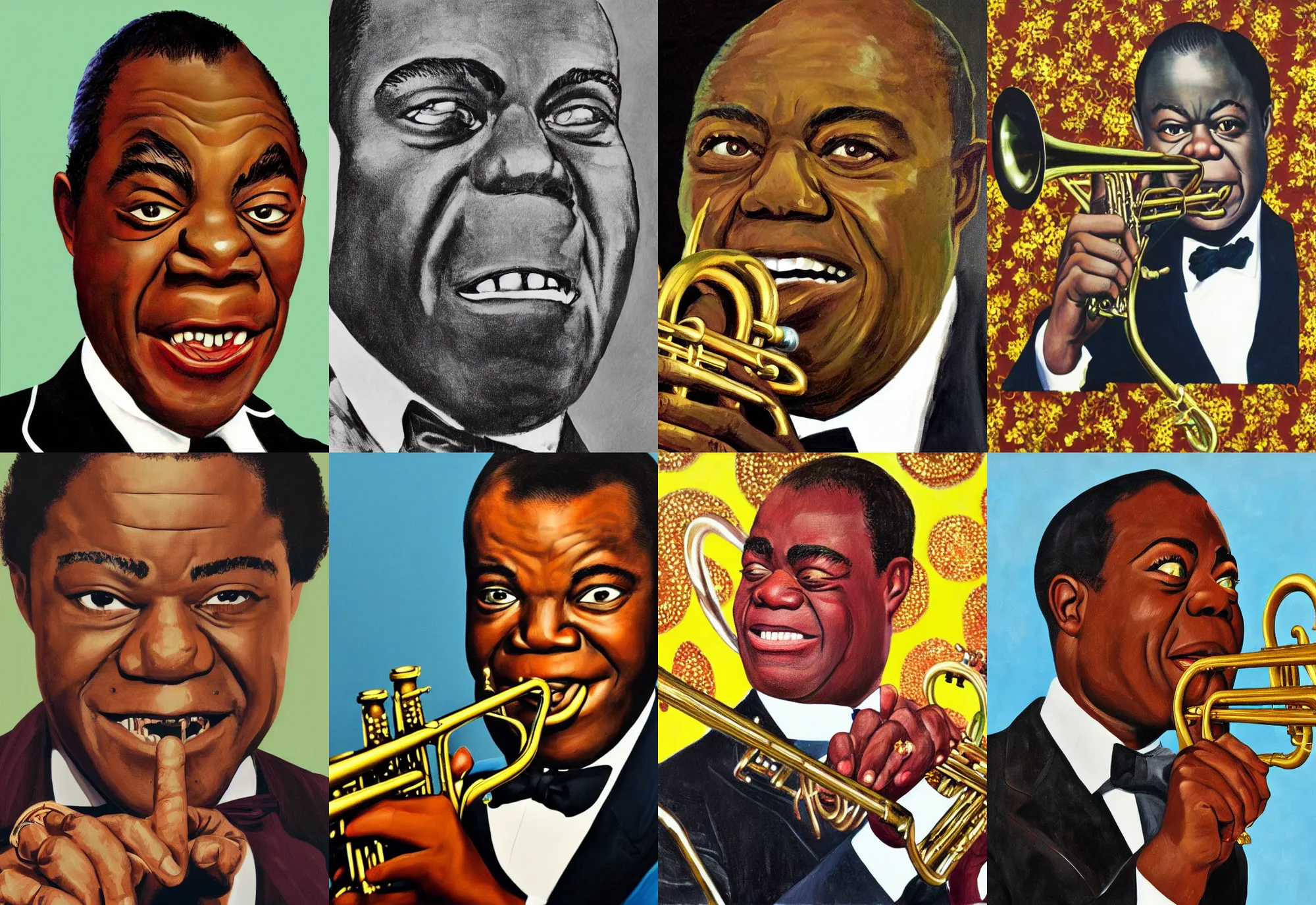 Prompt: a close - up portrait of louis armstrong, in the style of kehinde wiley