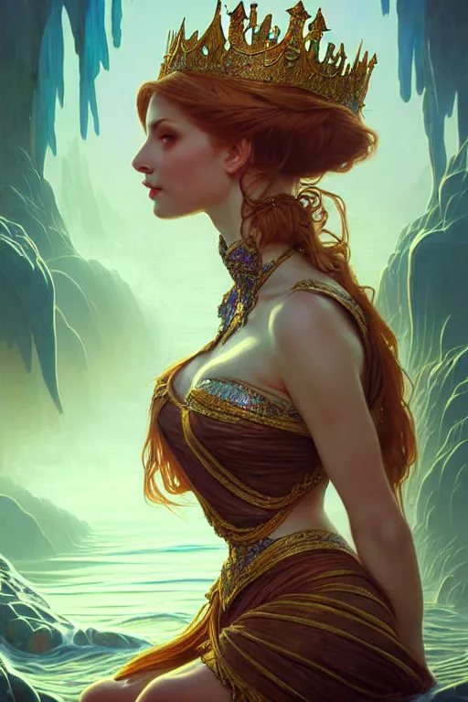 Image similar to photography alexey kurylev, sea queen, mysterious, deep focus, d & d, fantasy, complex, elegant, highly detailed, digital painting, artstation, concept art, matte, clear focus, illustration, hearthstone, artgerm art, greg rutkovsky and alphonse mucha