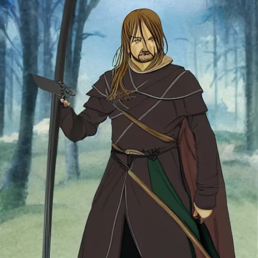 Image similar to boromir in an anime world, holding a sword, incredibly detailed, ultra realistic