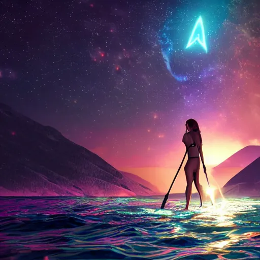 Image similar to bikini anime girl bioluminescent paddleboarding through deep space by highway man painting, stars, galaxies, photorealistic, high resolution, vray, hdr, hyper detailed, insane details, intricate, elite, ornate, elegant, luxury, dramatic lighting, octane render, weta digital, micro details, 3 d sculpture