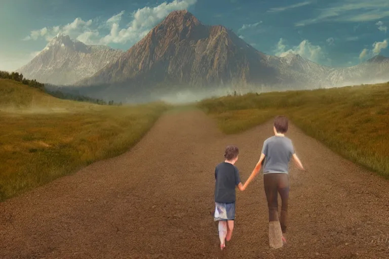 Prompt: a young boy holds his mother's hand as they walk down a dirt road, mountains loom in the background, digital art, realistic, 3 d art, scenery, rendered, illustration, detailed