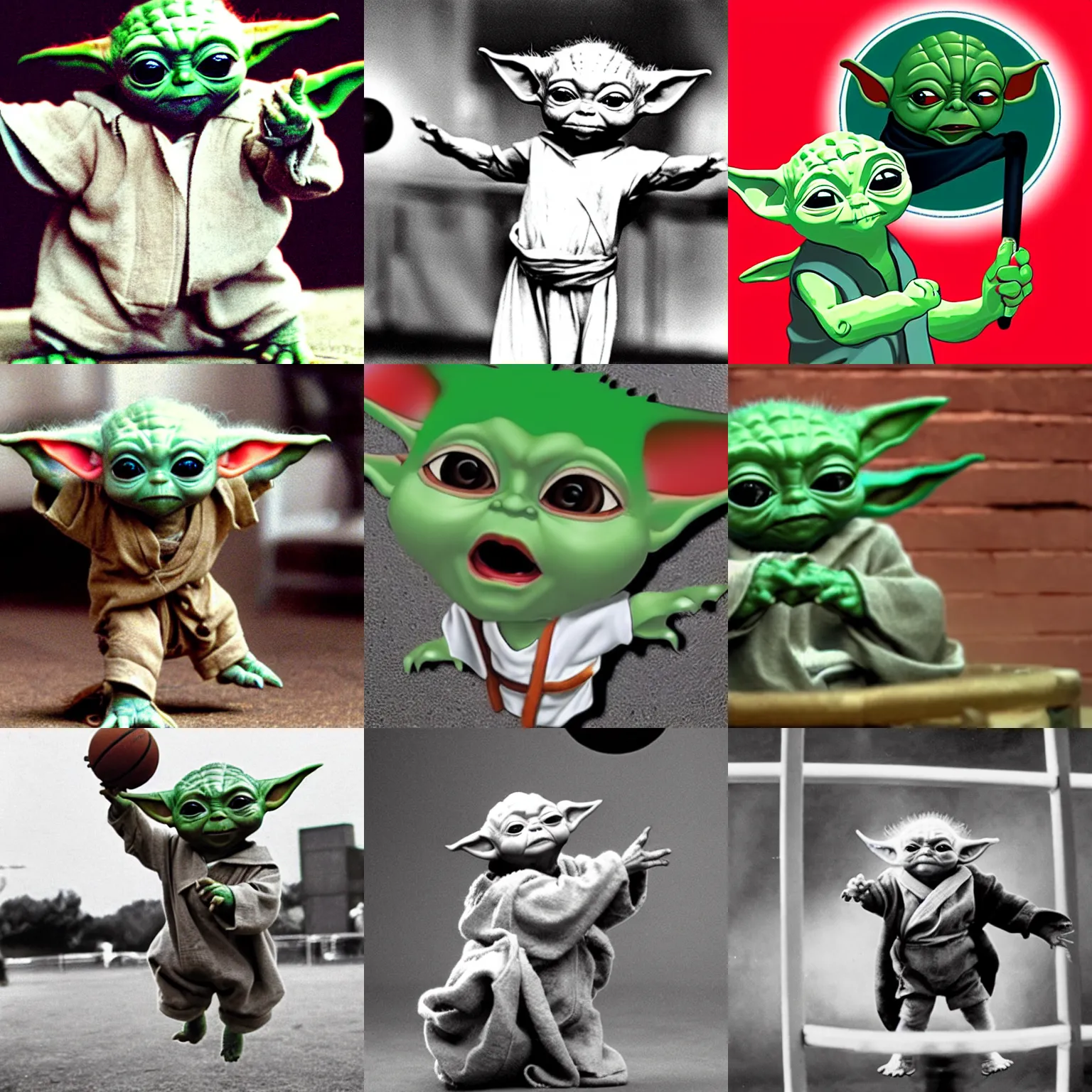 Prompt: baby yoda as a player doing a slam dunk