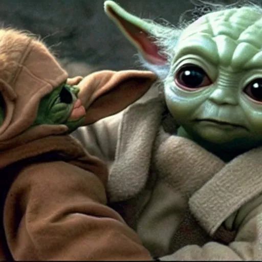 Image similar to a film still of baby yoda's son being trained by luke skywalker in star wars realistic, detailed