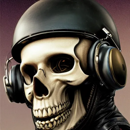 Image similar to a portrait of an anthropomorphic vintage skull in a racing helmet by sandra chevrier, detailed render, tape deck, boombox, headphones, epic composition, cybernetics, 4 k realistic, cryengine, realistic shaded lighting, sharp focus, masterpiece, by matteo scalera, gary montalbano, peter elson in the style of the tokyo ghost comic
