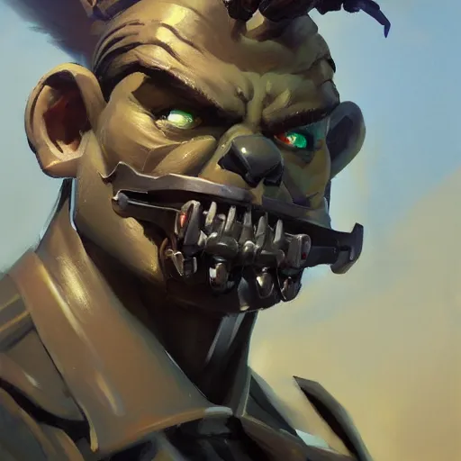 Image similar to greg manchess close - up portrait painting of a handsome older male dieselpunk orc with olive green skin as an overwatch character, medium shot, asymmetrical, profile picture, organic painting, sunny day, matte painting, bold shapes, hard edges, street art, trending on artstation, by huang guangjian and gil elvgren and sachin teng