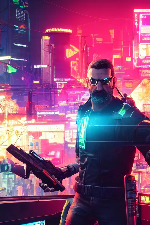 Image similar to gordon freeman in cyberpunk 2 0 7 7, medium shot, background is filled with neon lights and futuristic vehicles, trending on artstation, ultra realistic, 4 k