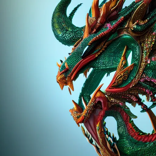 Prompt: photo of wonderful dragon of emerald with fair scales, glowing, ornate and intricate, jaw dropping, dynamic lighting, intricate and detailed, 4 k octane render