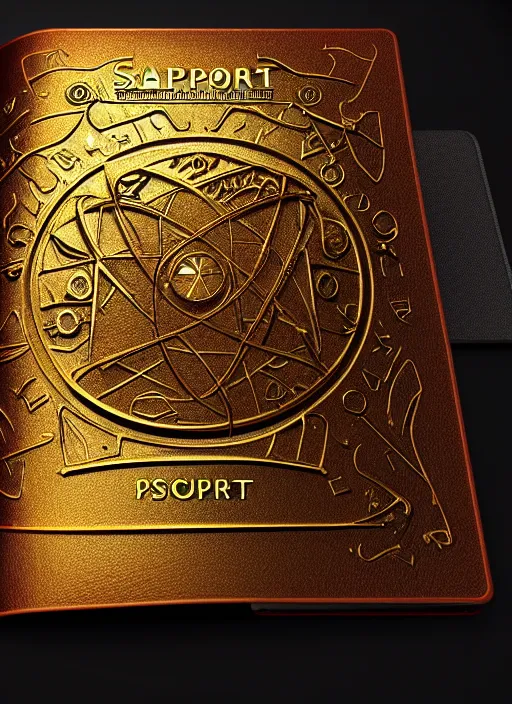 Prompt: supernatural virtual reality passport with stamps, sci fi, digital, ornate, gold leaf, brown leather, uplight, ultra detailed, octane engine, h g wells, unreal engine 5, 8 k