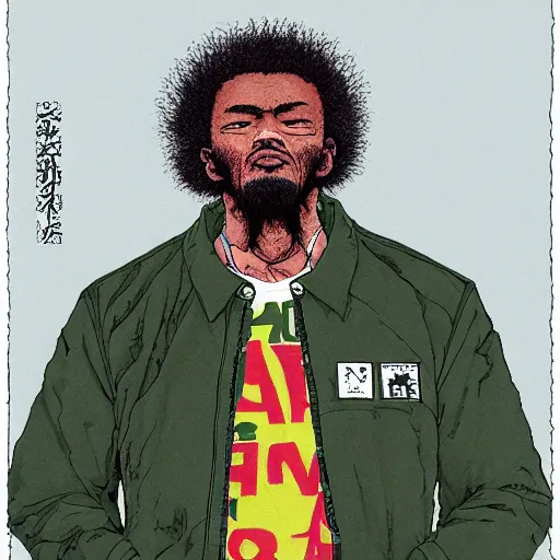 Image similar to illustration by katsuhiro otomo, black man with afro hair, stubble, wearing an adidas army green jacket, in the streets of tokyo, akira style, by katsuhiro otomo