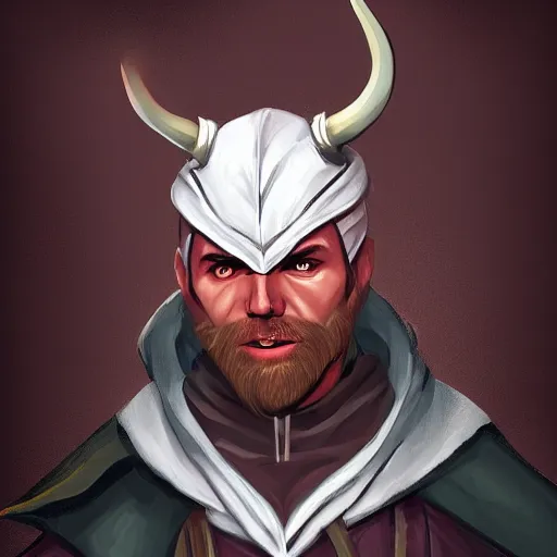 Image similar to rogue d & d thief, white male with horns and red stubble, hood, dagger, artstation, greg rutowski