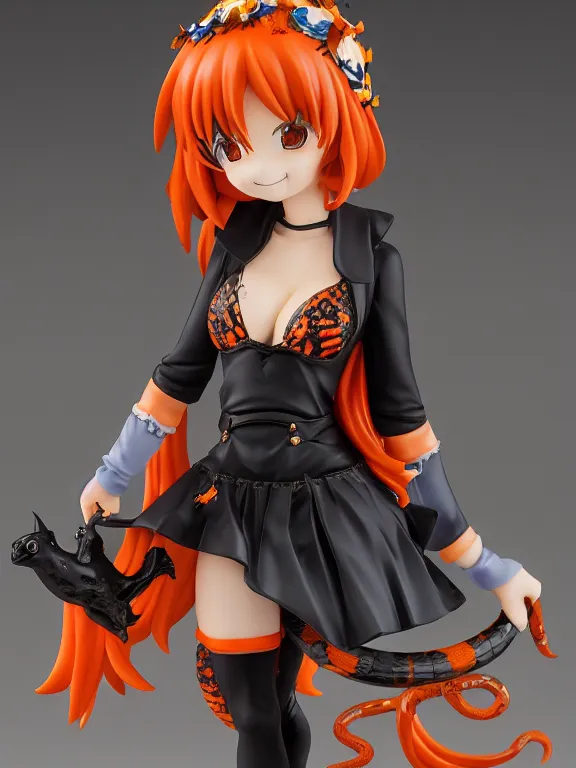 Prompt: A good smile anime figure Full shot of a cute mischievous young witch about to get up to some trouble with her playful snake familiar. Latin American fashion. Floral patterns. Black and Orange palette. Magic. defined facial features, symmetrical facial features. PVC Figure. award winning, Artstation, intricate details, realistic, Hyperdetailed, 8k resolution.