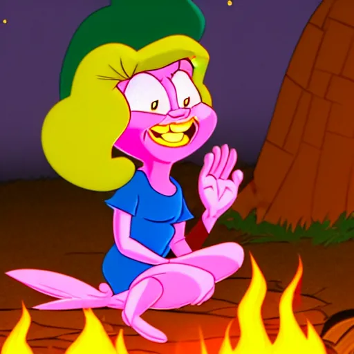 Prompt: full body portrait of Esmerelda (Tiny Toons (1990)) sitting around a campfire telling stories with her friends, by Jeff Coons, by Todd Nauck, 3D, UE5, ultra high textures, shiny, dark vignette, burning embers, nostalgic, muted colors, desaturated, volumetric, slightly drunk, candy rush, autochrome, tranquil, starry night, marshmallows, s'mores, highly detailed, busy, 4K, 8K, HQ