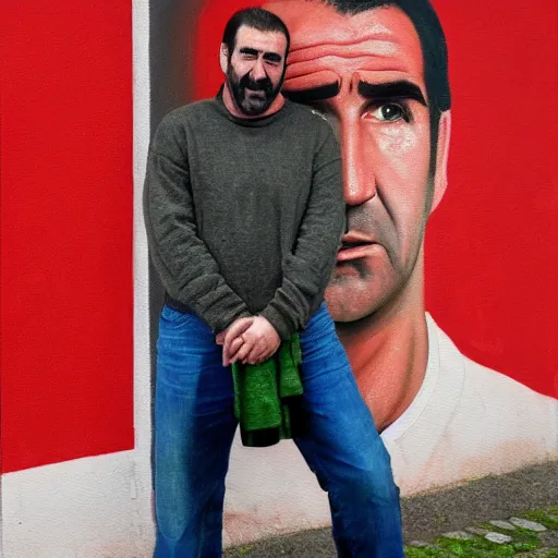 Image similar to a painting of Eric Cantona, in front of a red wall, dripping.