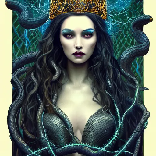 Prompt: detailed portrait of the dark queen of snakes, realism, dim moonlight, pale blue, emerald, sapphire, wearing a crown of vines and vipers, dark fantasy illustration, dramatic lighting, cgsociety, artstation