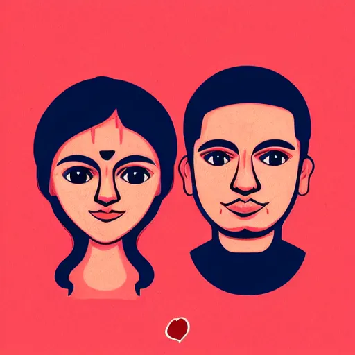 Image similar to perfectly centered symmetrical split male and female portrait of young indian man and woman in love sharing one heart. illustration, highly detailed, simple, no jagged lines, smooth, artstation, artwork by chip zdarsky