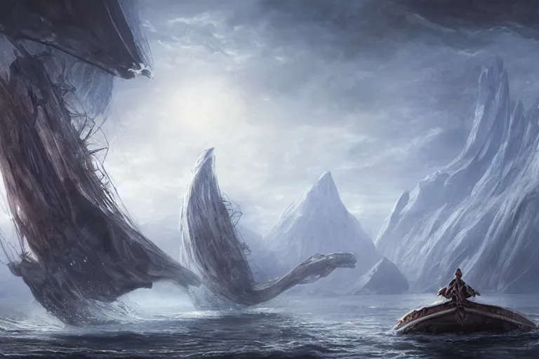 Image similar to Scylla and Charybdis and a Trireme by Jessica Rossier and HR Giger cinematic concept painting