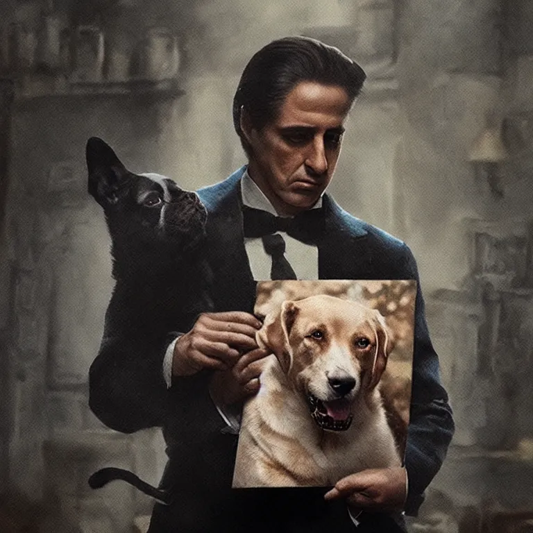 Image similar to man holding a dog photograph, the godfather film screencap, greg rutkowski