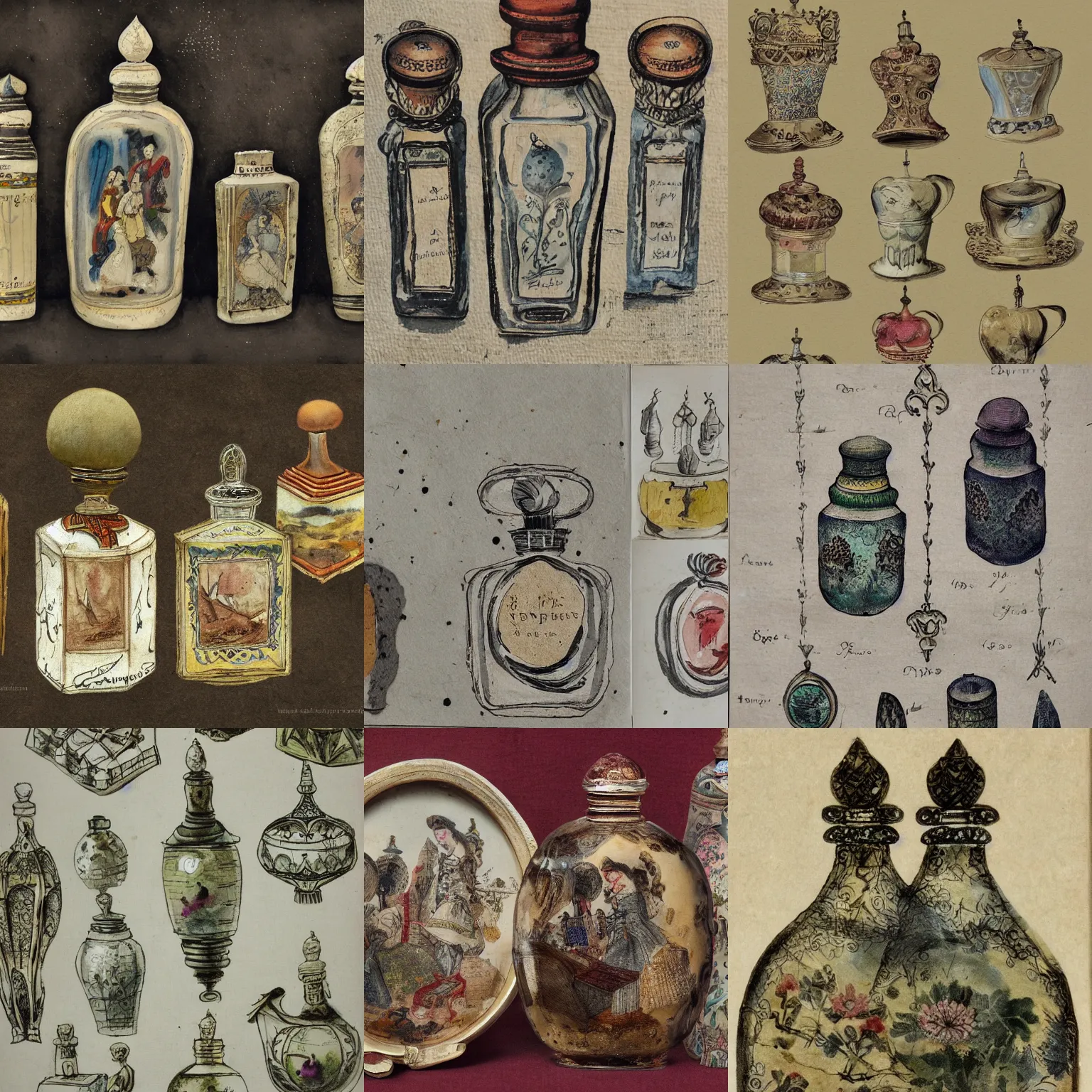 Prompt: 1 8 th century perfume bottles, ink dots painting on old paper by benday, epic, masterpiece, illustration, hdr, 8 k