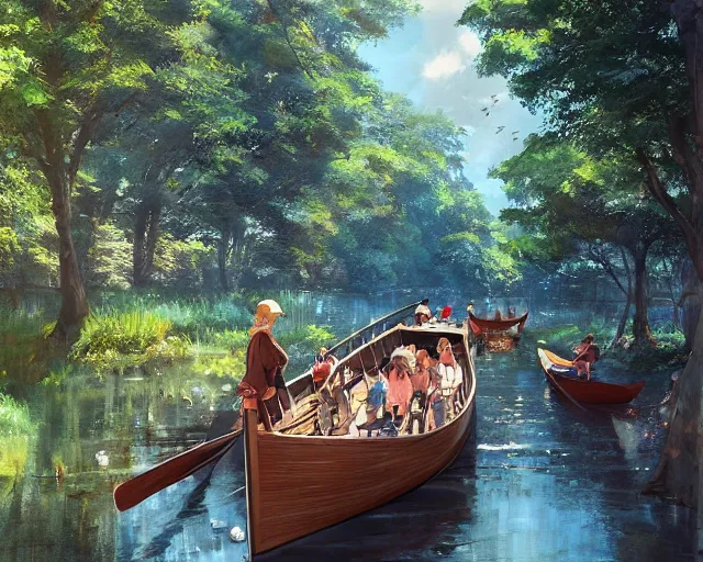 Image similar to a wooden boat with people on it in a very narrow river, trees, shady, ripples, reflections. By Makoto Shinkai, Stanley Artgerm Lau, WLOP, Rossdraws, James Jean, Andrei Riabovitchev, Marc Simonetti, krenz cushart, Sakimichan, trending on ArtStation, digital art.