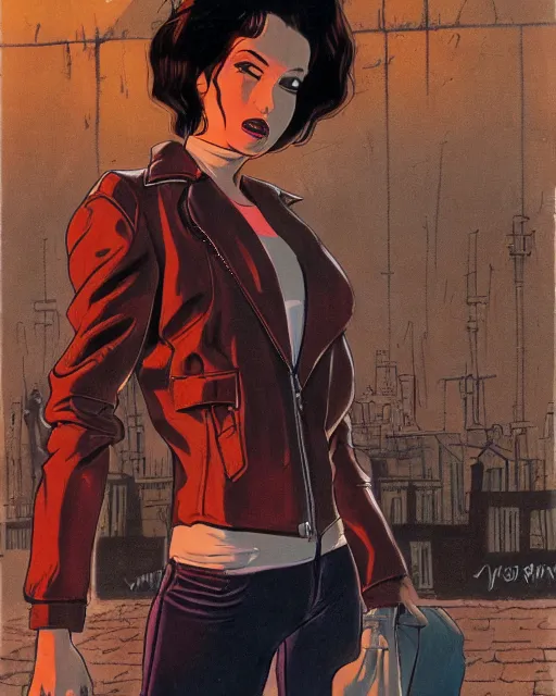 Image similar to young female protagonist in leather jacket, city street, artwork by ralph bakshi