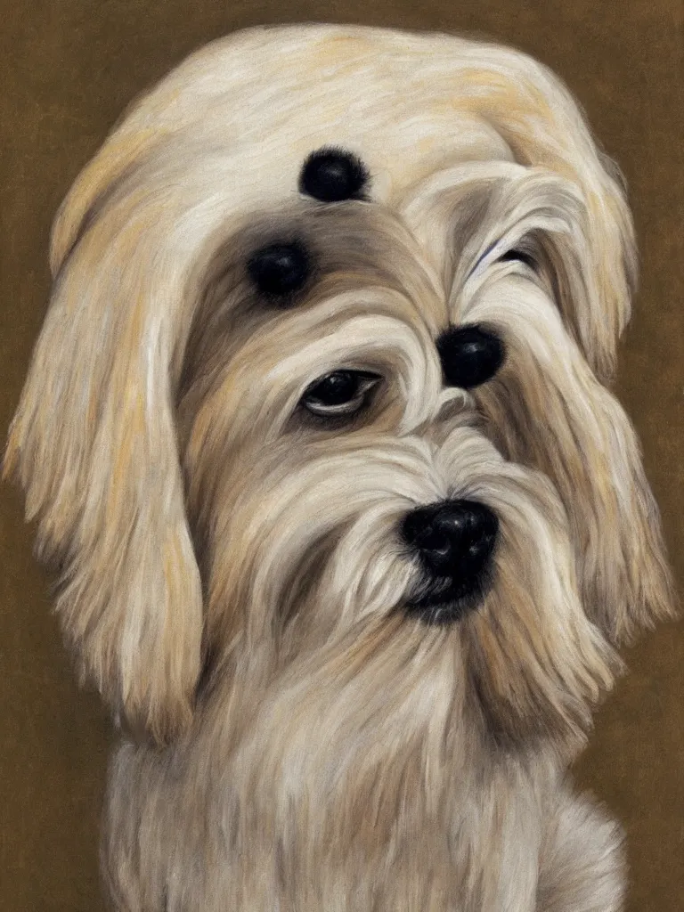 Image similar to self portrait of a cream colored havanese dog with strong eyebrows, by frieda kahlo