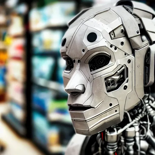Prompt: photo of a human cyborg!! in sale, in a store display, hiding a dark secret, highly detailed face, cyberpunk, year 3022, !!!medium full shot!!!, depth of field, ISO 300, aperture f11, 1/100 obturation speed
