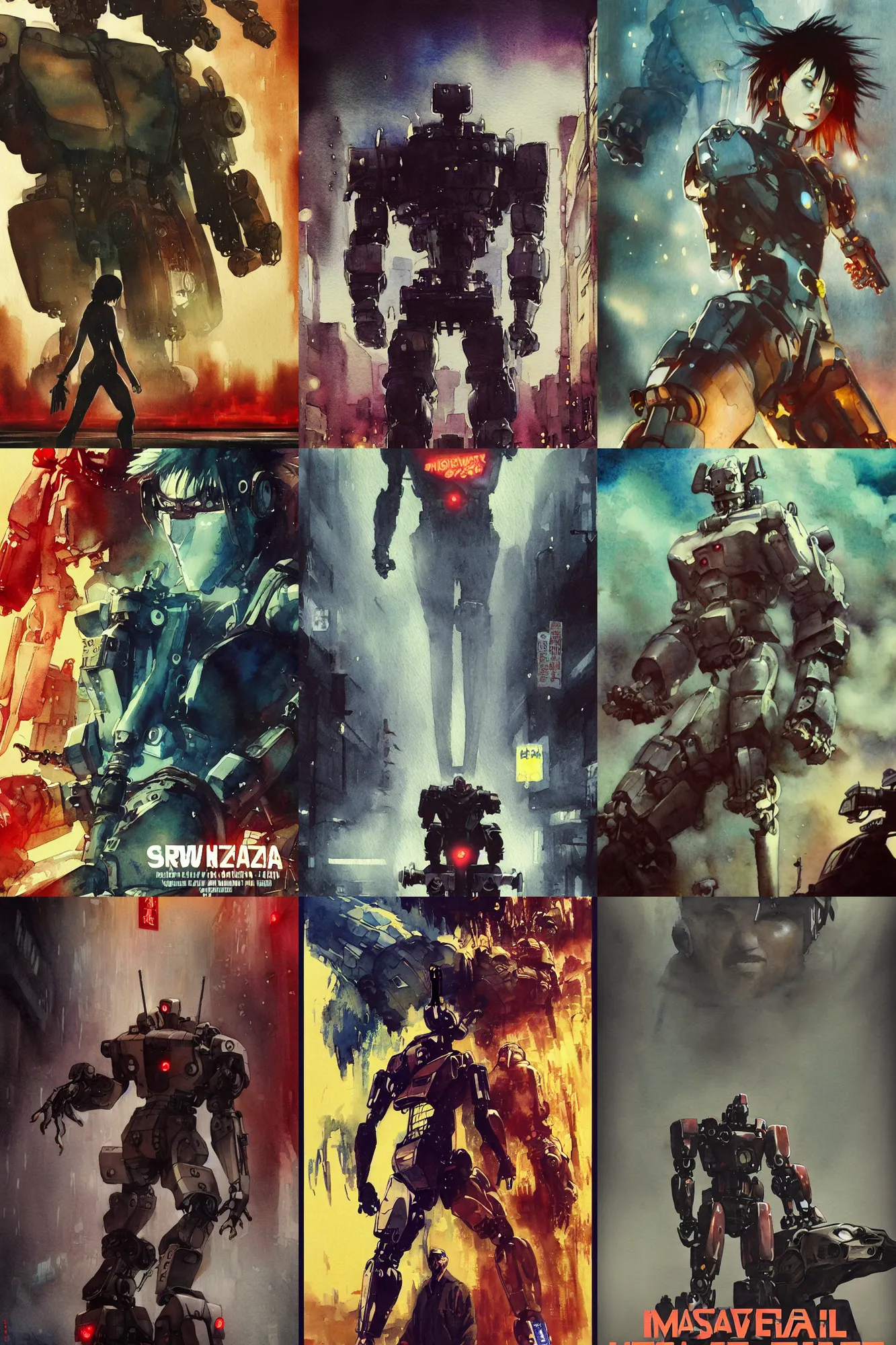 Prompt: incredible drew strewzan movie poster, watercolor, japan, yoji shinkawa, kastuhiro otomo, giant broken robot limbs in the fog, foggy heavy rain, downpour, movie scene close up emotional miss Kusanagi face, short bob hair, wet highway chase, foggy lights, brown mud, dust, giant whale tank with legs, robot arm, emotional face shot ,light rain, glowing atari sign, japanese advertisements on buildings, hd, 4k, remaster, dynamic camera angle, deep 3 point perspective, fish eye, dynamic scene