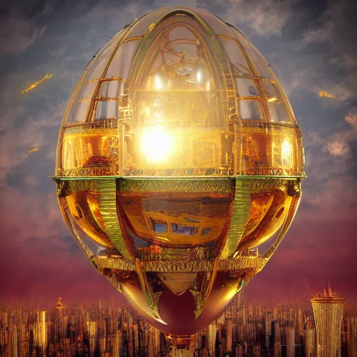 Image similar to enormous flying city in a faberge egg, sky, steampunk, fantasy art, masterpiece, octane render