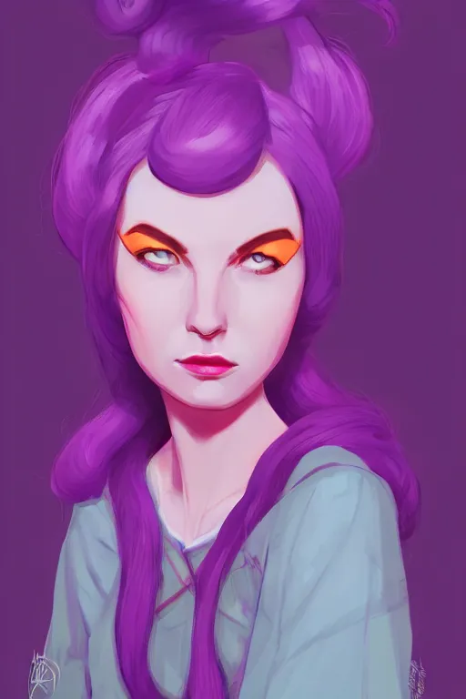 Image similar to a portrait of humanization of princess purple from adventure time, grim - lighting, high - contrast, intricate, elegant, highly detailed, digital painting, artstation, concept art, smooth, sharp focus, illustration