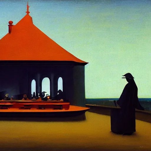 Prompt: oil painting by hieronymous bosch of edward hopper's nighthawks.