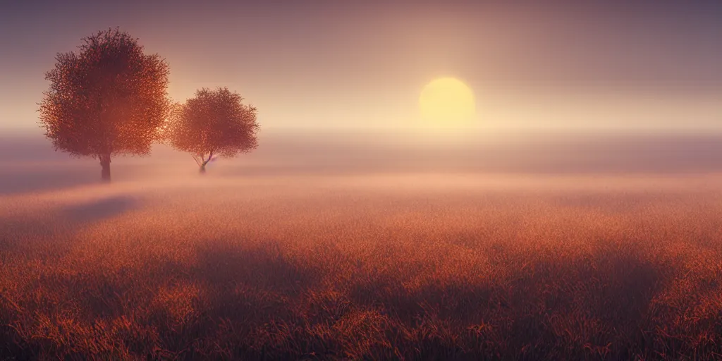 Image similar to Dutch moor field, blanket of fog, volumetric lighting, beautiful, golden hour, sharp focus, ultra detailed, cgsociety