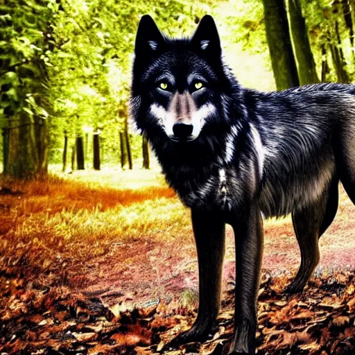 Prompt: majestic and beautiful dark wolf walking through a forest of leaves and trees photo realistic ultra details award winning realistic