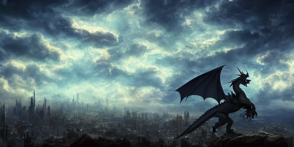 Image similar to !dream a beautiful digital painting of dragon alone in sky, night clouds, above city, atmospheric lighting, Octane Render a fantasy digital painting by James Gurney, trending on Artstation, hyperrealistic, realistic, photorealistic, dynamic lighting, highly detailed, cinematic landscape, studio lighting