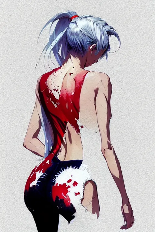 Image similar to a ultradetailed beautiful back painting of a stylish woman with white hair in a short pony tail, she is wearing jeans, by conrad roset, greg rutkowski and makoto shinkai trending on artstation