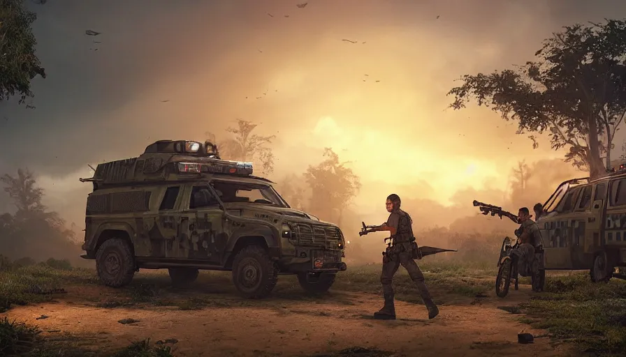 Image similar to a militarized police vehicle riding through a kerala village, troops searching the area, furious action scene, an epic fantasy, dramatic lighting, cinematic, establishing shot, extremely high detail, photorealistic, cinematic lighting, artstation, matte painting, octane render, by simon stalenhag, shadow of the tomb raider, diorama