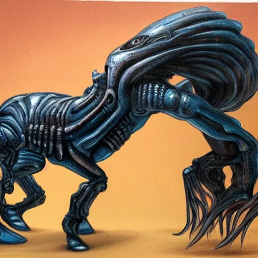 Image similar to detailed realistic painting of a my little pony that looks like a xenomorph, cute, in the style of h r giger and wayne barlowe