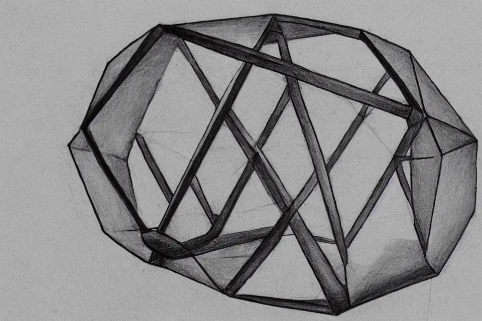 Prompt: geometric anamorphic drawing of a dodecahedron