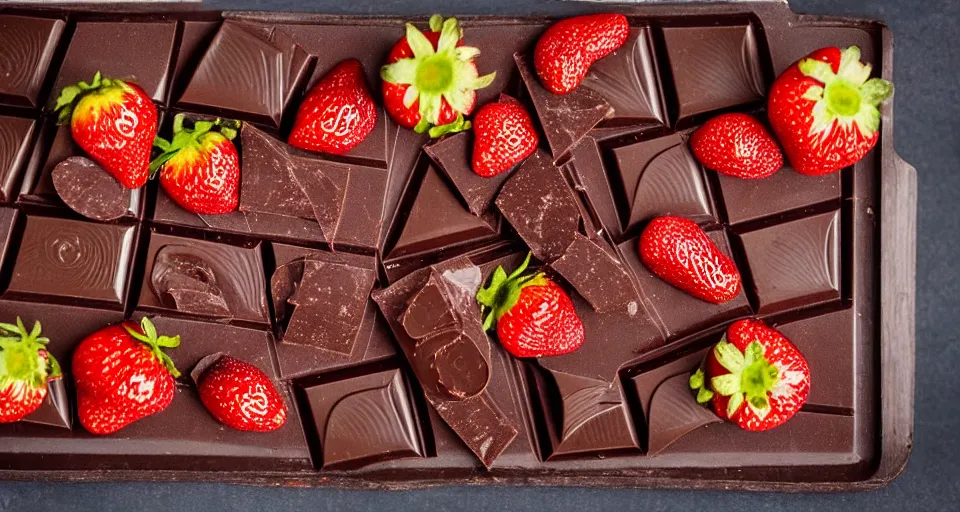 Prompt: A gourmet dark chocolate bar, next to sliced strawberries, on a wooden tray, macro lens product photo