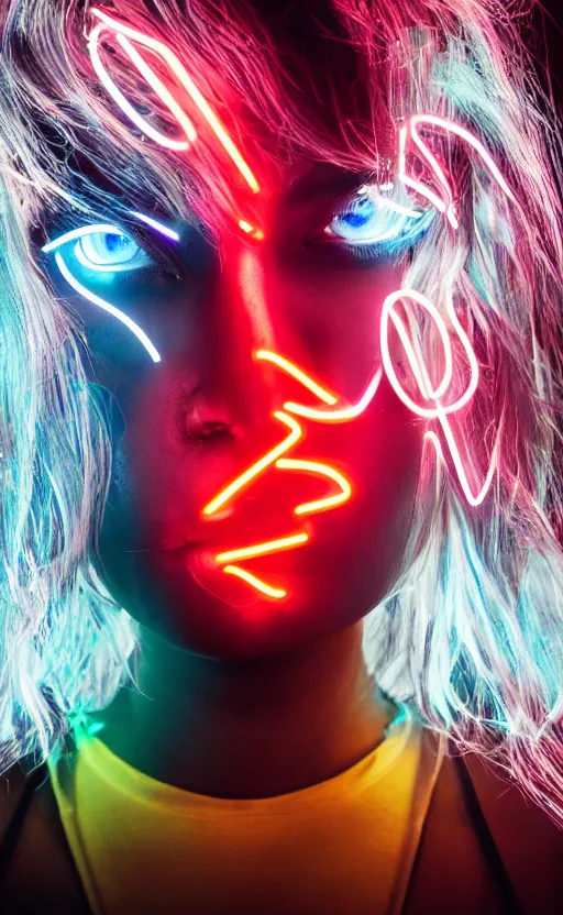 Prompt: A woman with glowing eyes, neon on black, Sony a7R IV, symmetric balance, polarizing filter, Photolab, Lightroom, 4K, Dolby Vision, Photography Award