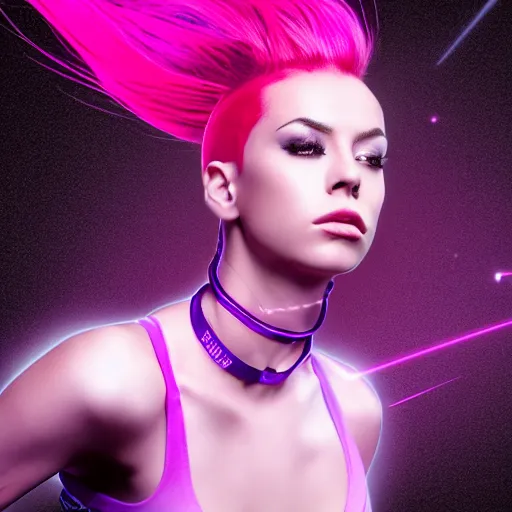 Image similar to a award winning action upper body portrait of a beautiful woman with a ombre purple pink hairstyle with head in motion and hair flying, choker, outrun, vaporware, vivid colors, highly detailed, fine detail, intricate