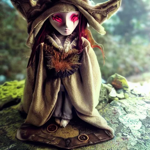 a fantasy foxfolk druid doll wearing mage robes, Stable Diffusion