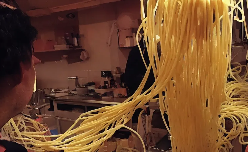 Prompt: the spaghetti demon, nightcam footage