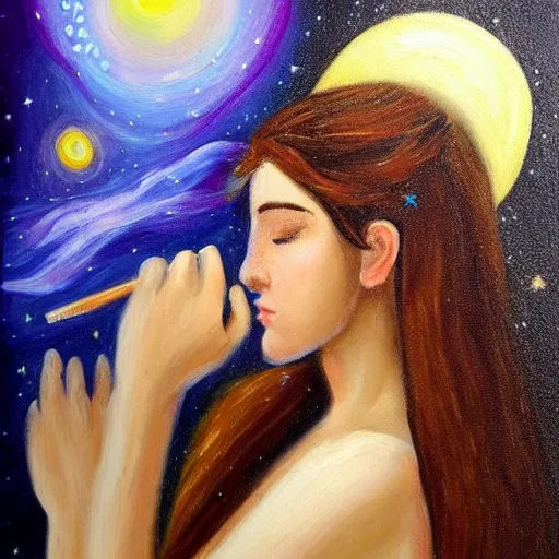 Prompt: beautiful ancient greek girl dreaming of galaxies, painting